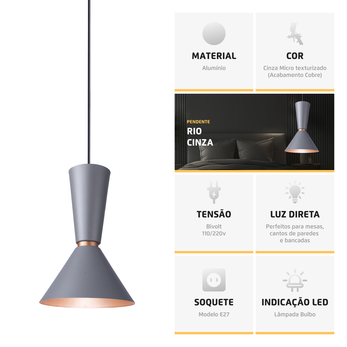 Pendente Lustre Luminária Cone Rio Cinza