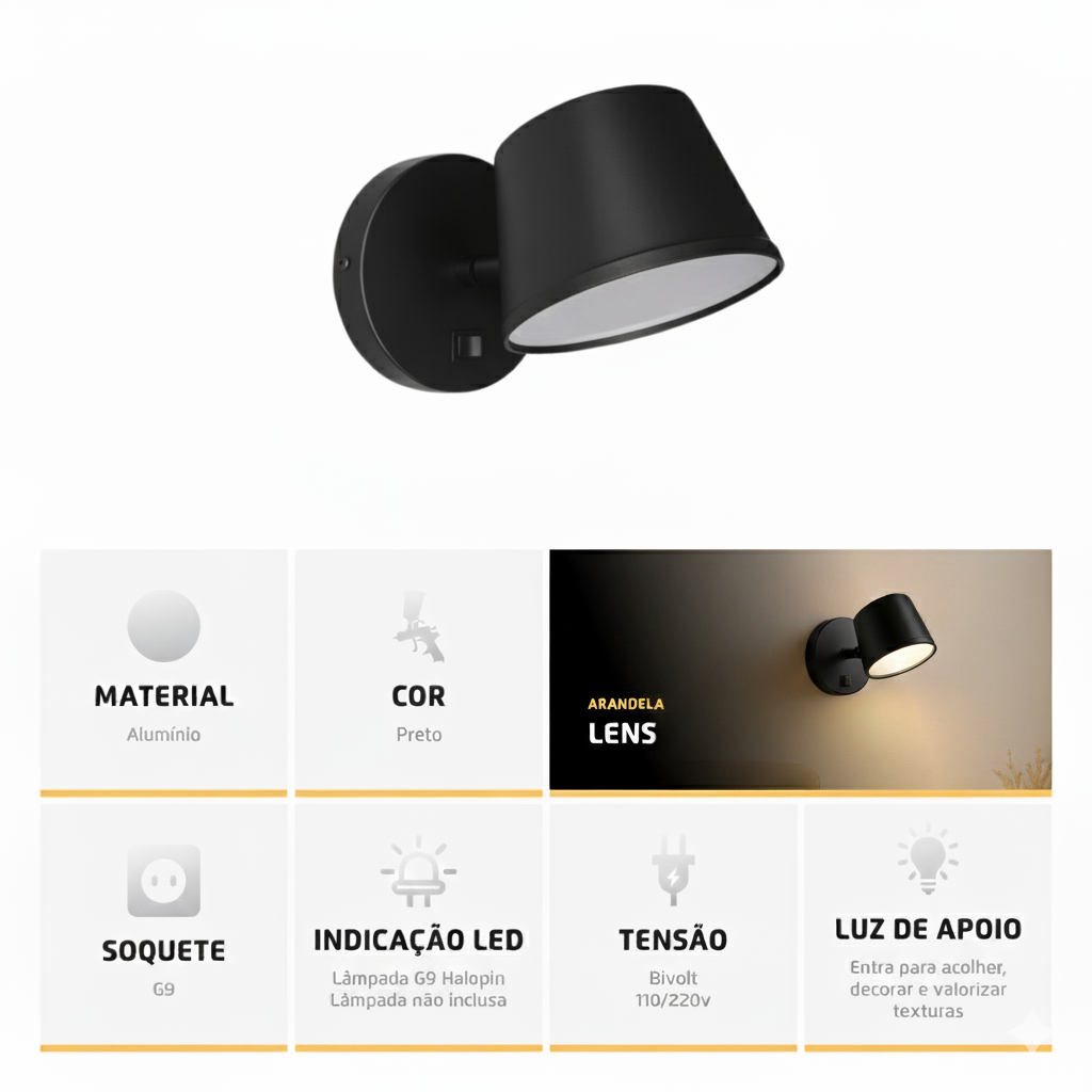 Arandela Luminária De Parede Cabeceira De Cama Com Interruptor Lens Preto Para Leitura