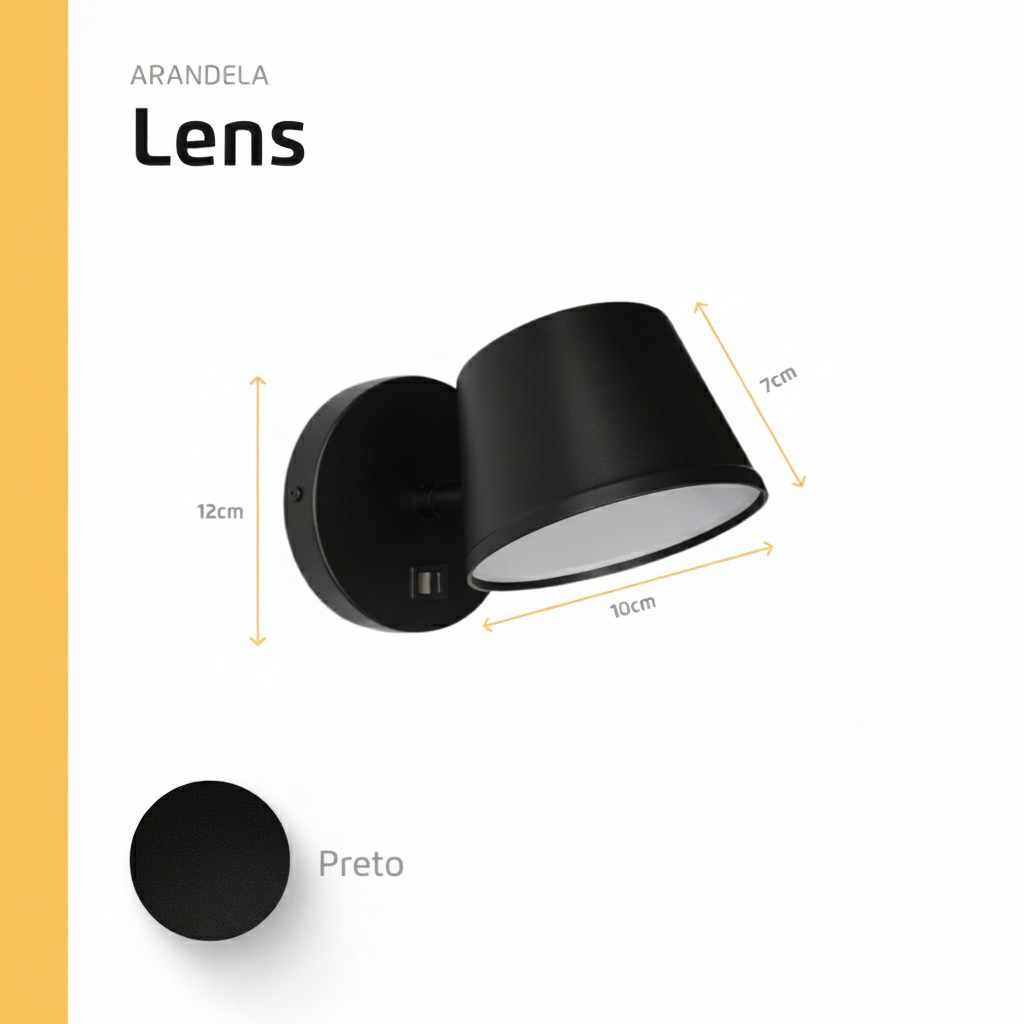 Arandela Luminária De Parede Cabeceira De Cama Com Interruptor Lens Preto Para Leitura