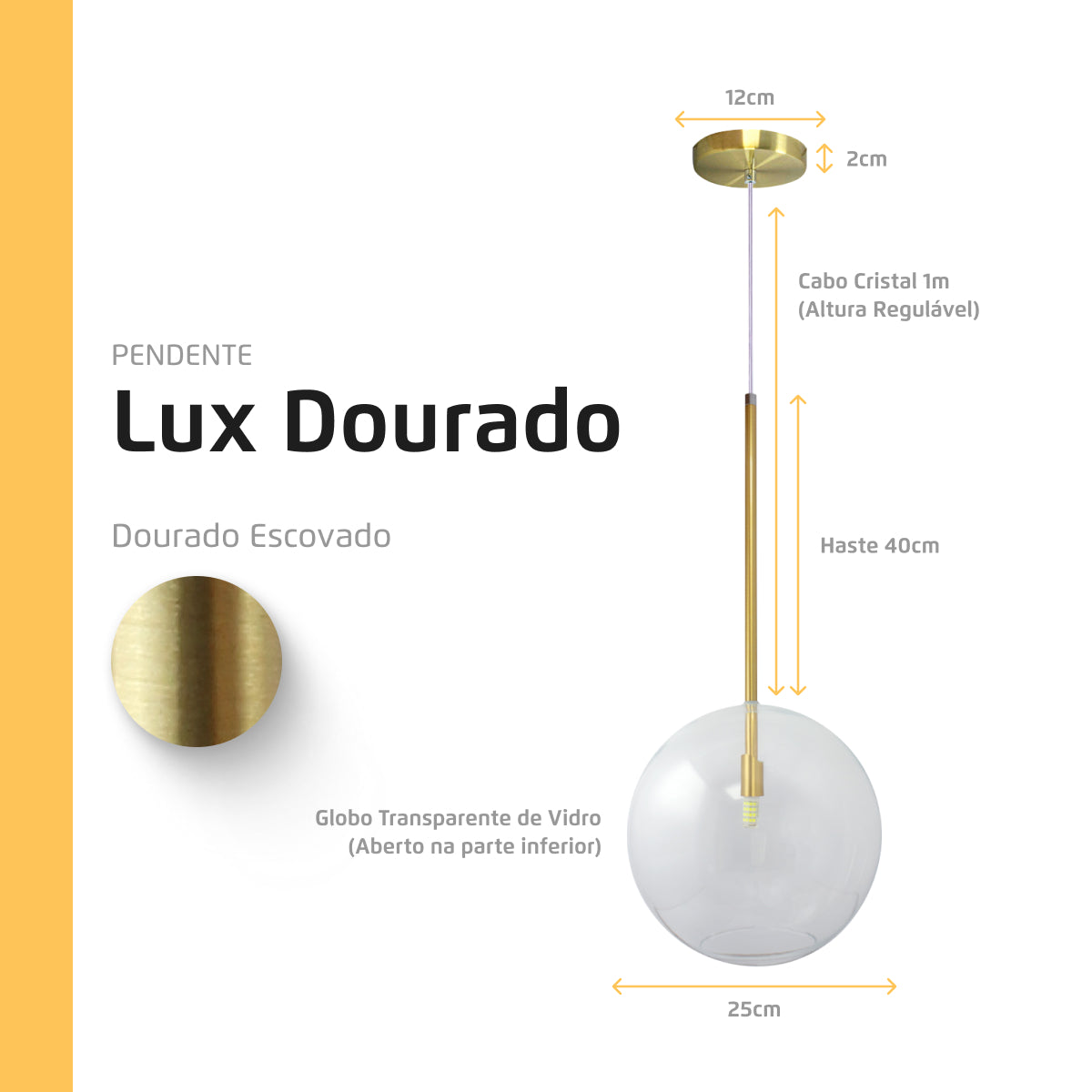 Pendente Lux Dourado Globo Vidro Cristal 25Cm + Led