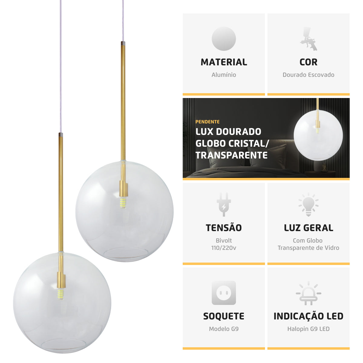 Pendente Lux Dourado Globo Vidro Cristal 25Cm + Led
