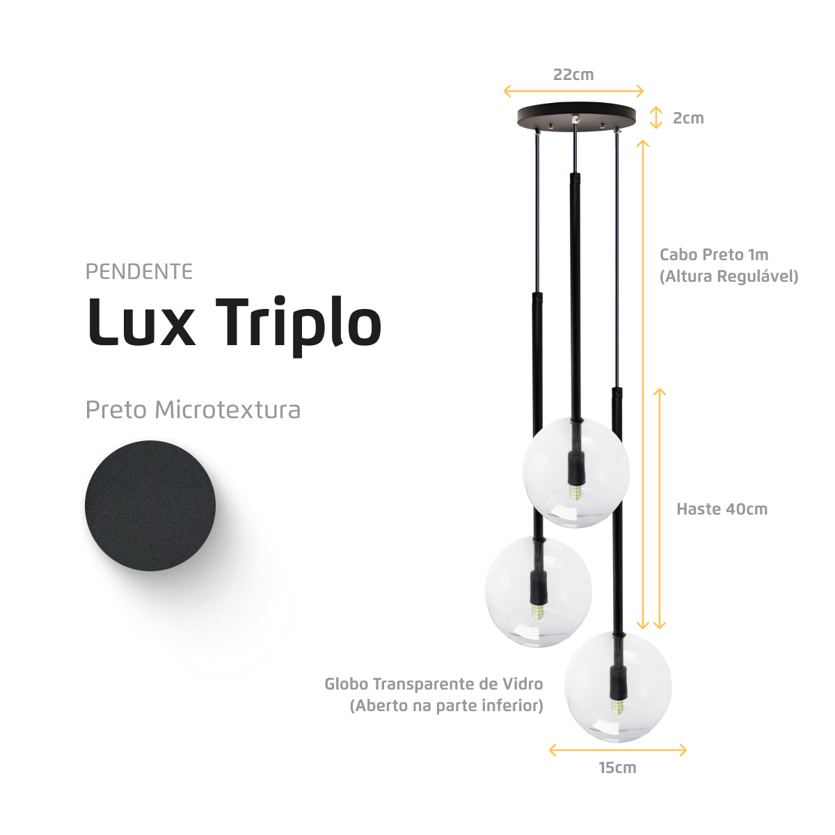 Pendente Lux Triplo Preto Globo Vidro Cristal + Led