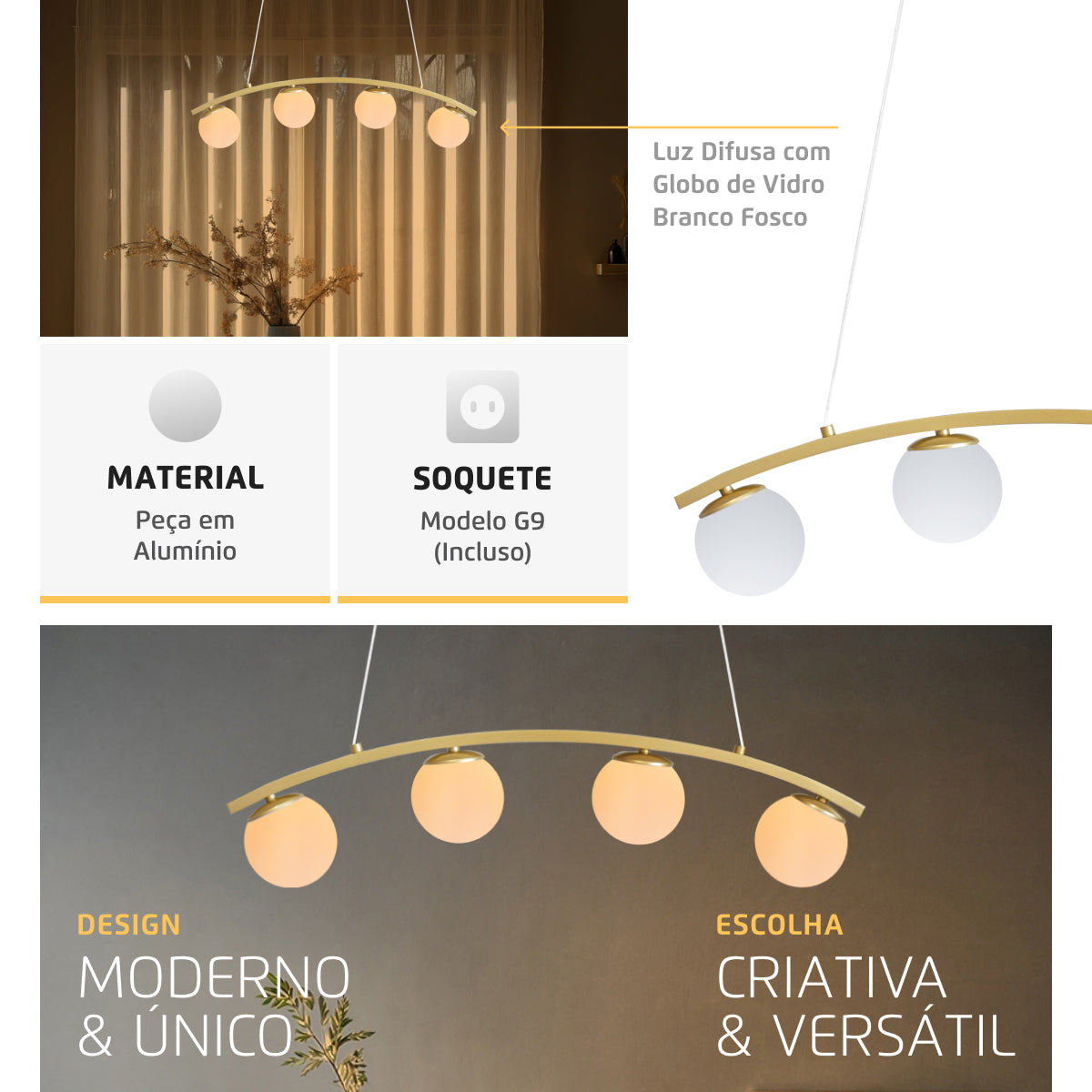 Luminária Pendente Nero Up Dourado 4 Globos Leitosos 10Cm