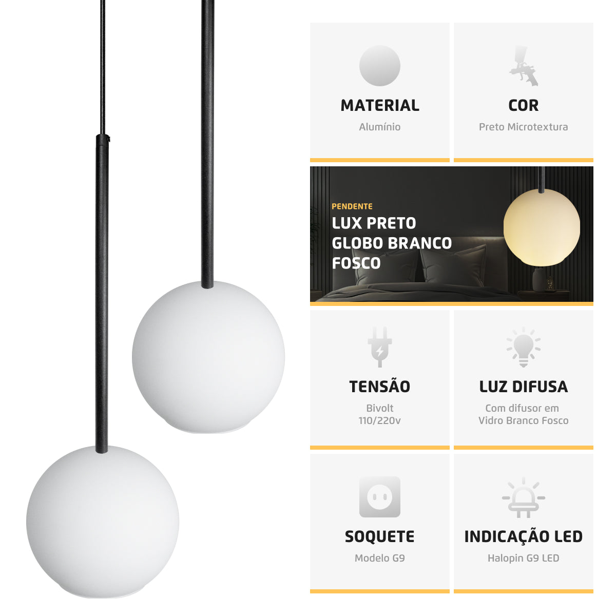 Pendente Lux Triplo Preto Globo Vidro Branco Fosco + Led