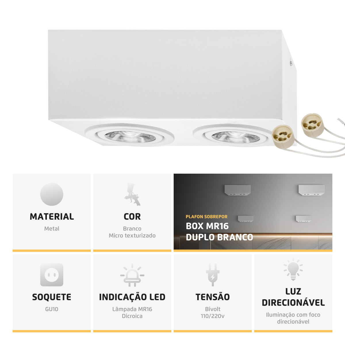Spot Plafon Sobrepor Box Mr16 Duplo Direcionável