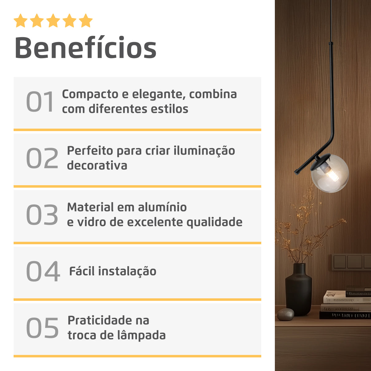 Luminária Pendente Stick Light Preto Globo Fumê 10Cm