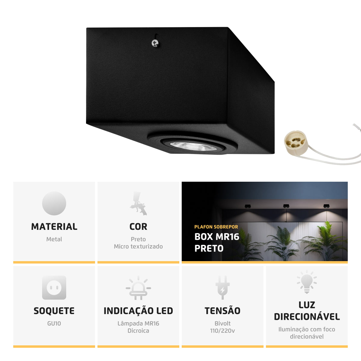 Spot Plafon Sobrepor Box Quadrado Mr16 Direcionável