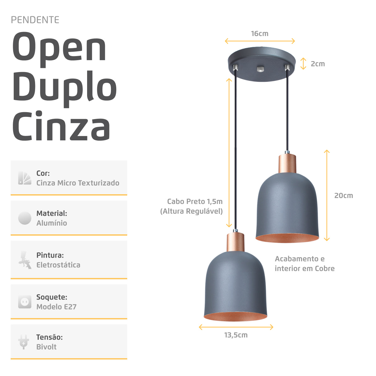 Pendente Lustre Luminária Open Cinza - Duplo