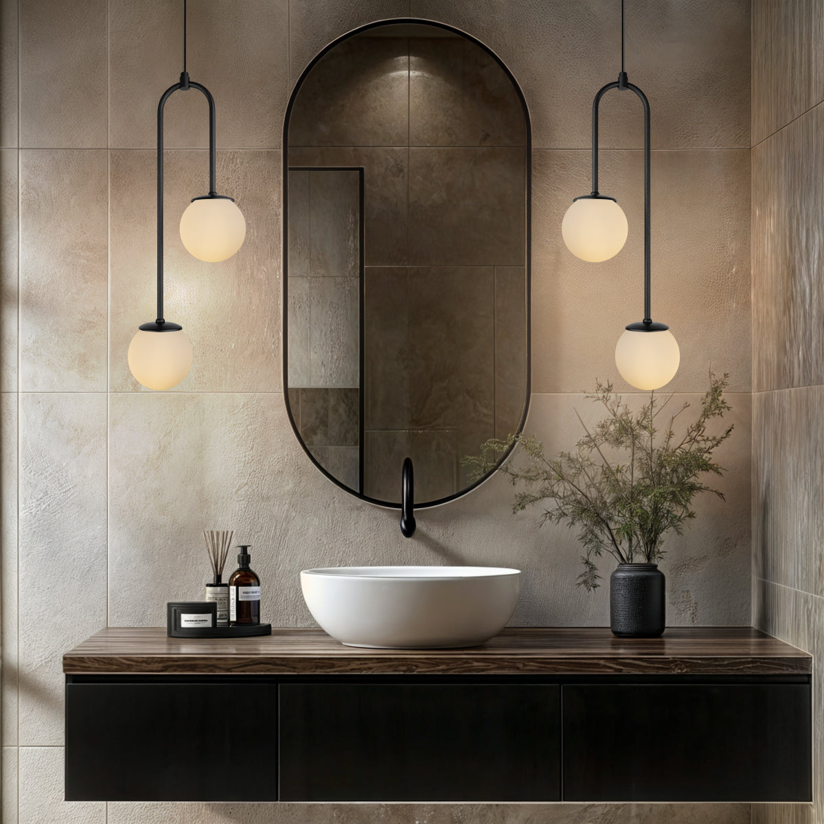 Luminária Pendente Canne Light Preto 2 Globos Leitosos 10Cm