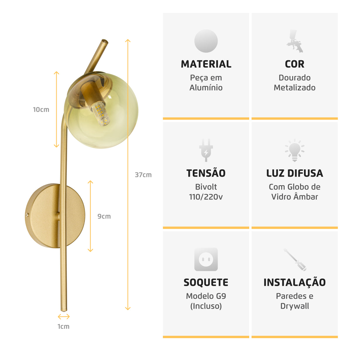 Arandela Parede Stick Light Dourado Globo Âmbar 10Cm