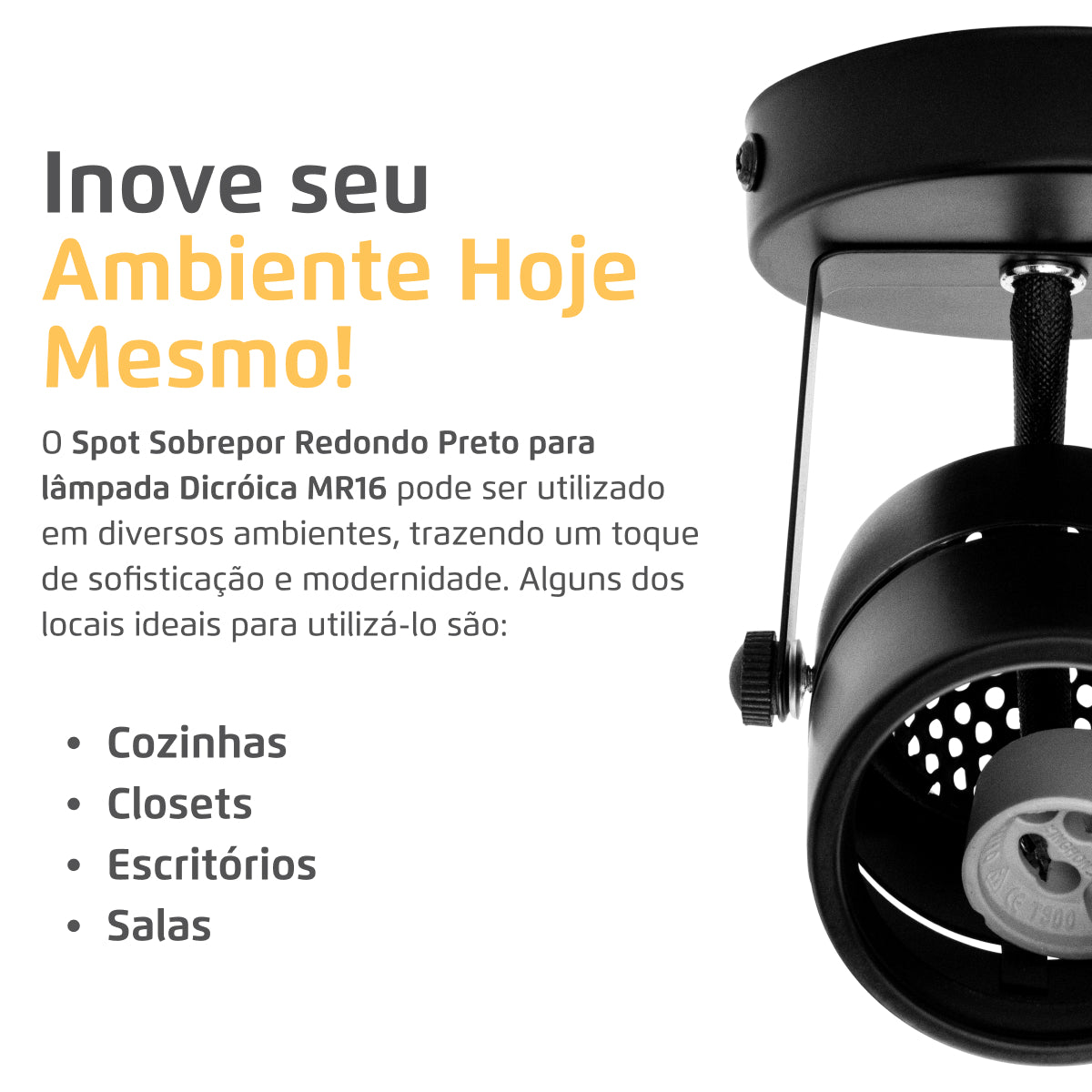 Spot Sobrepor MR16 GU10 Redondo Preto Direcionável