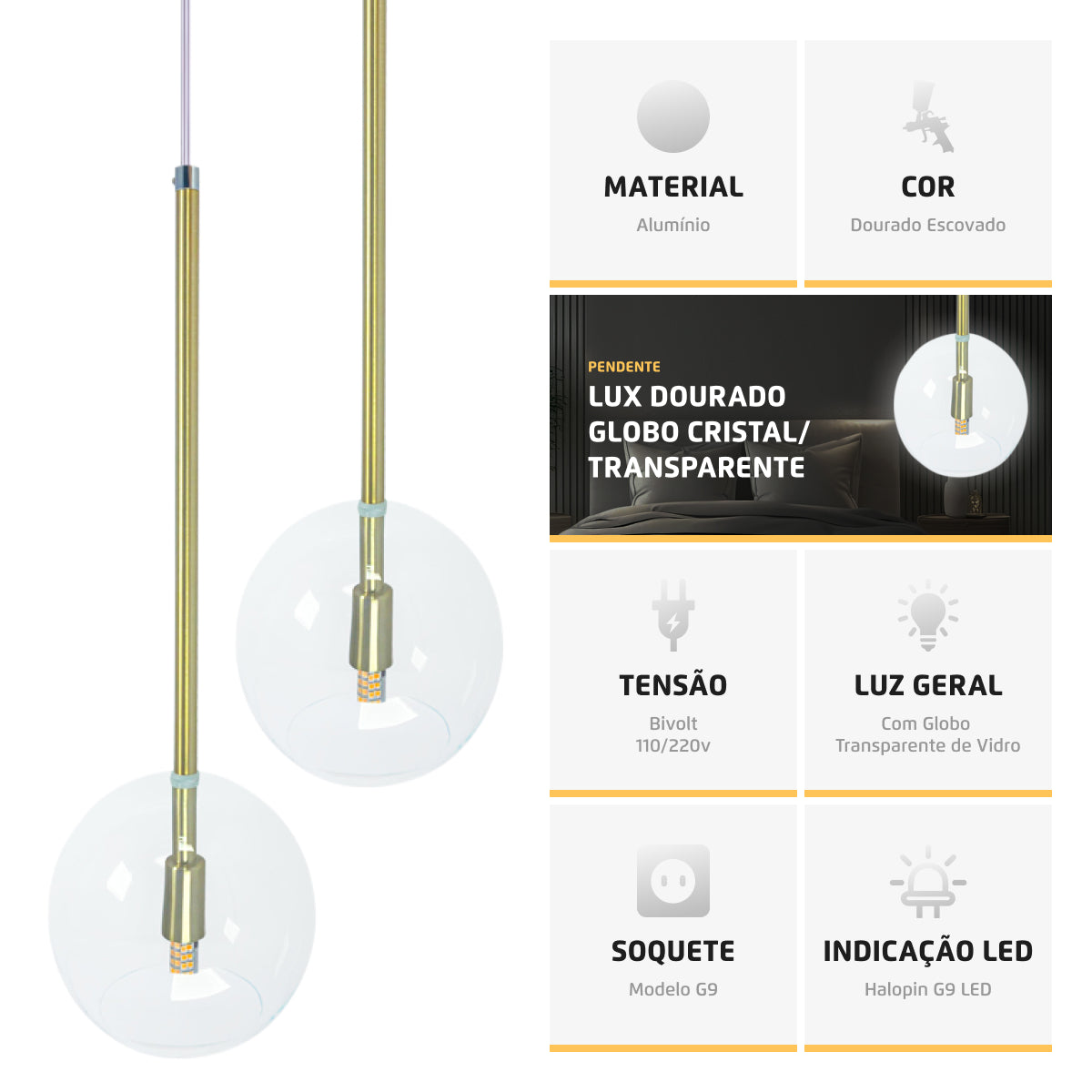 Pendente Lux Duplo Dourado Globo Vidro Cristal + Led