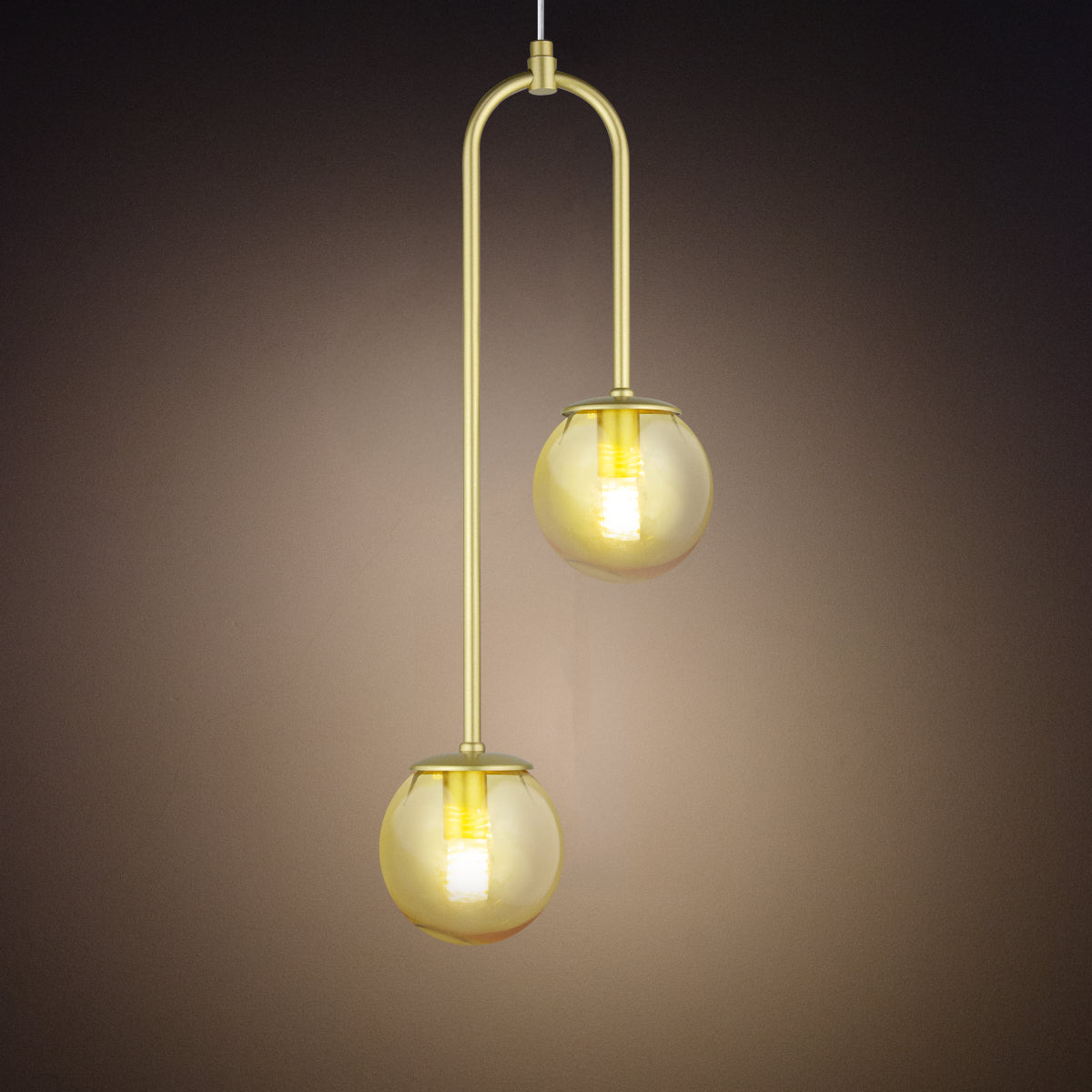 Luminária Pendente Canne Light Dourado 2 Globos Âmbar 10Cm