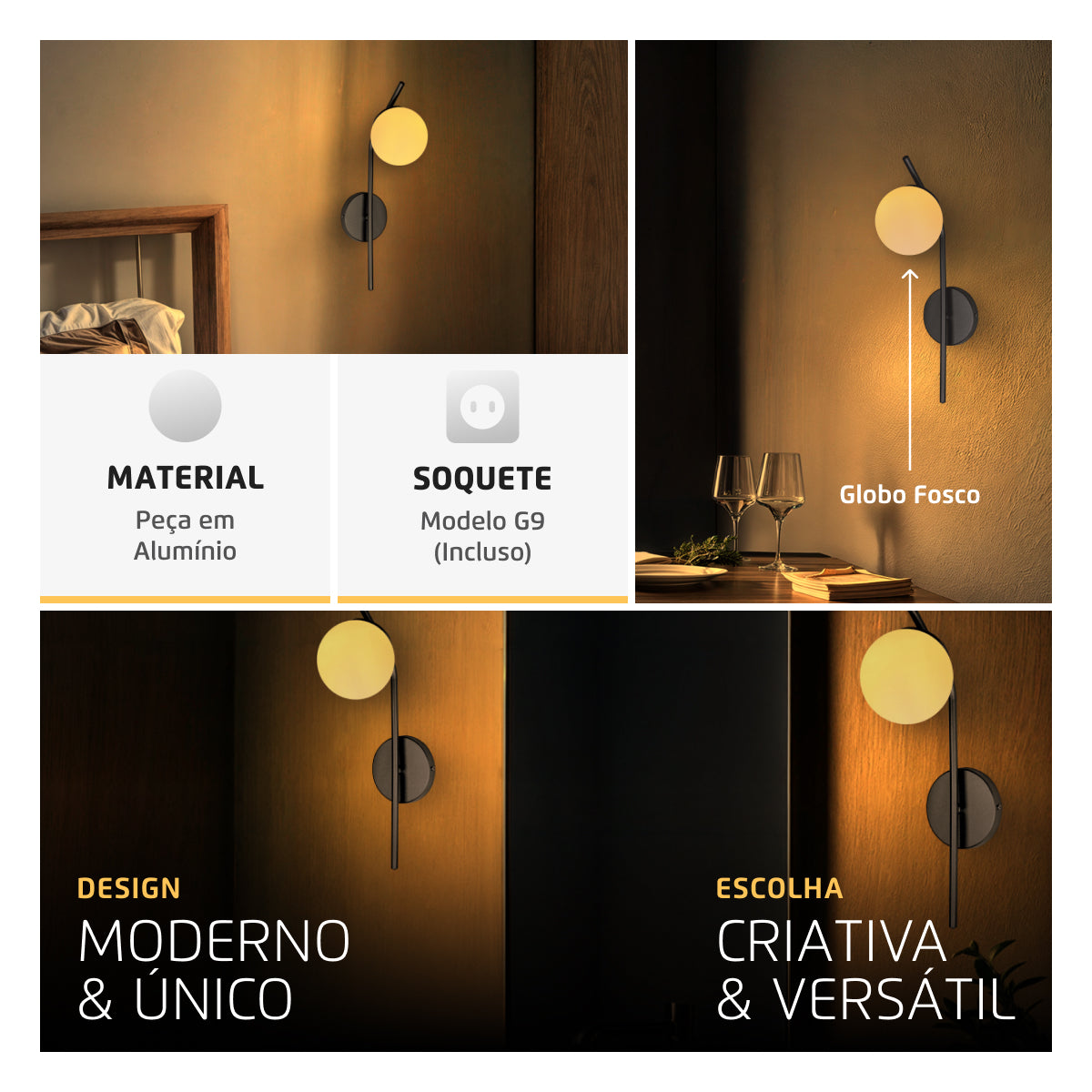 Arandela Parede Stick Light Preto Globo Leitoso 10Cm