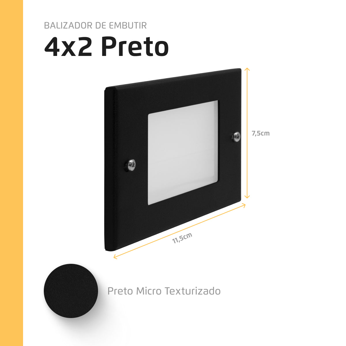 Balizador de Embutir Escada Parede Preto 4x2 Alumínio