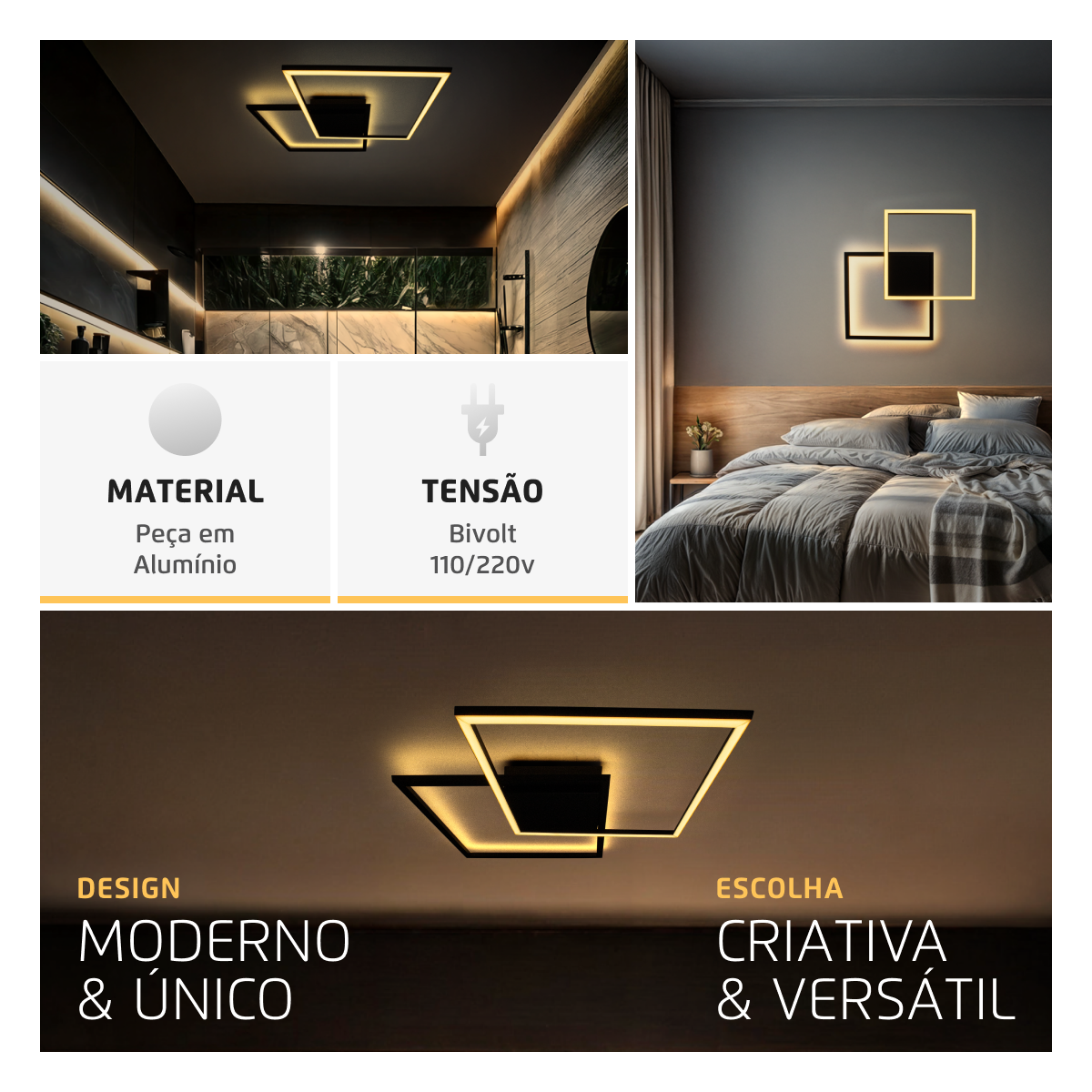 Plafon/Arandela Mosaico Perfil 22w 3000K Luz Indireta Preto