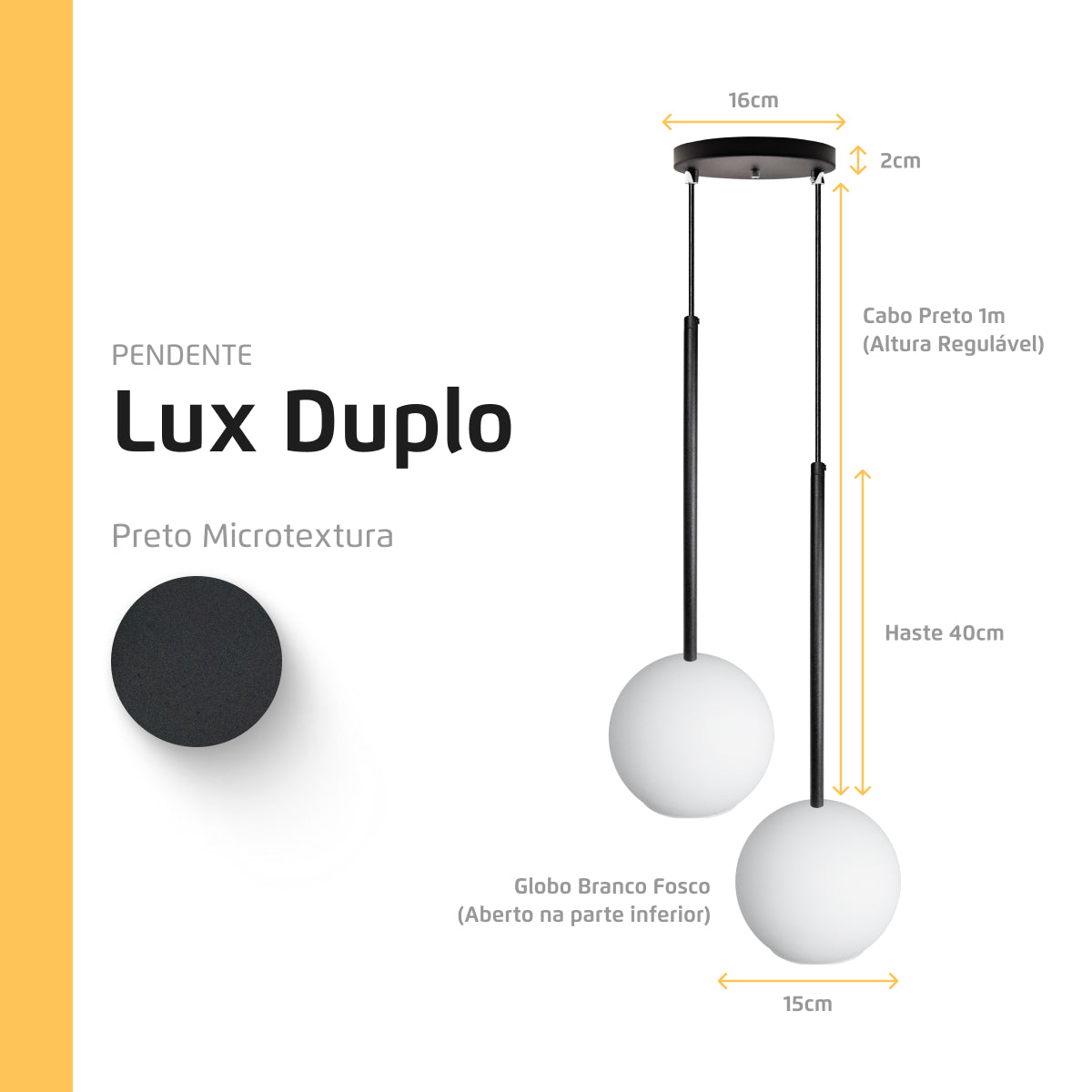 Pendente Lux Duplo Preto Globo Vidro Branco Fosco + Led