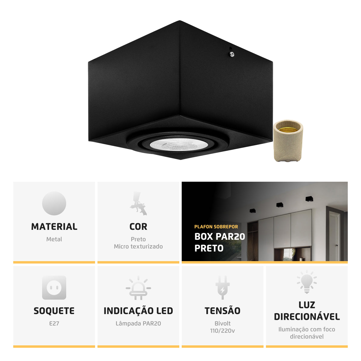 Spot Plafon Sobrepor Box Quadrado Par20 Direcionável