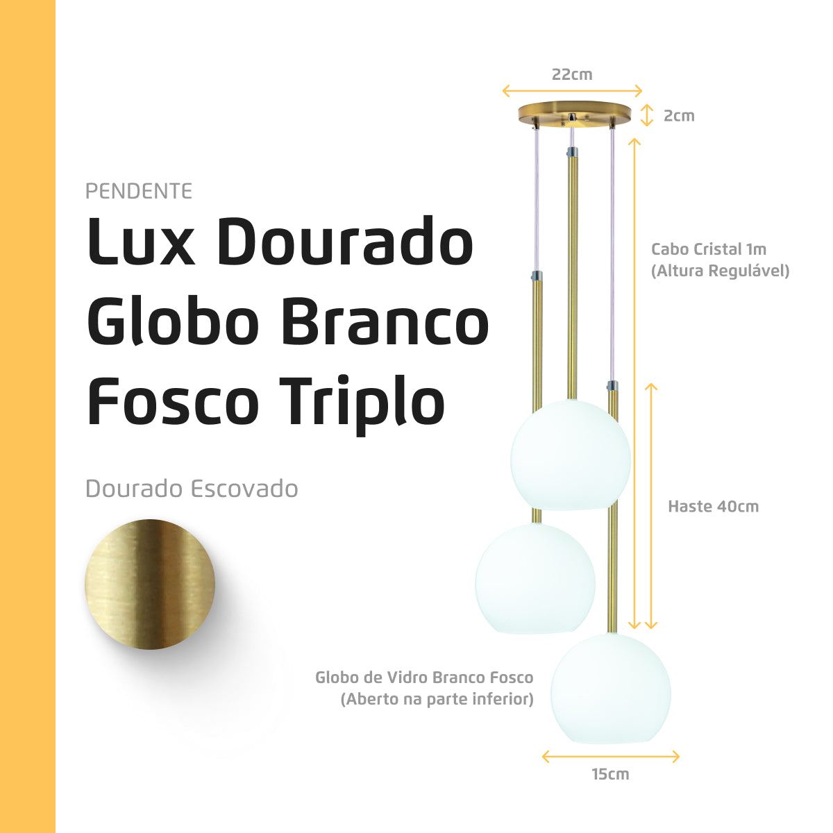 Pendente Lux Triplo Dourado Globo Vidro Branco Fosco + Led