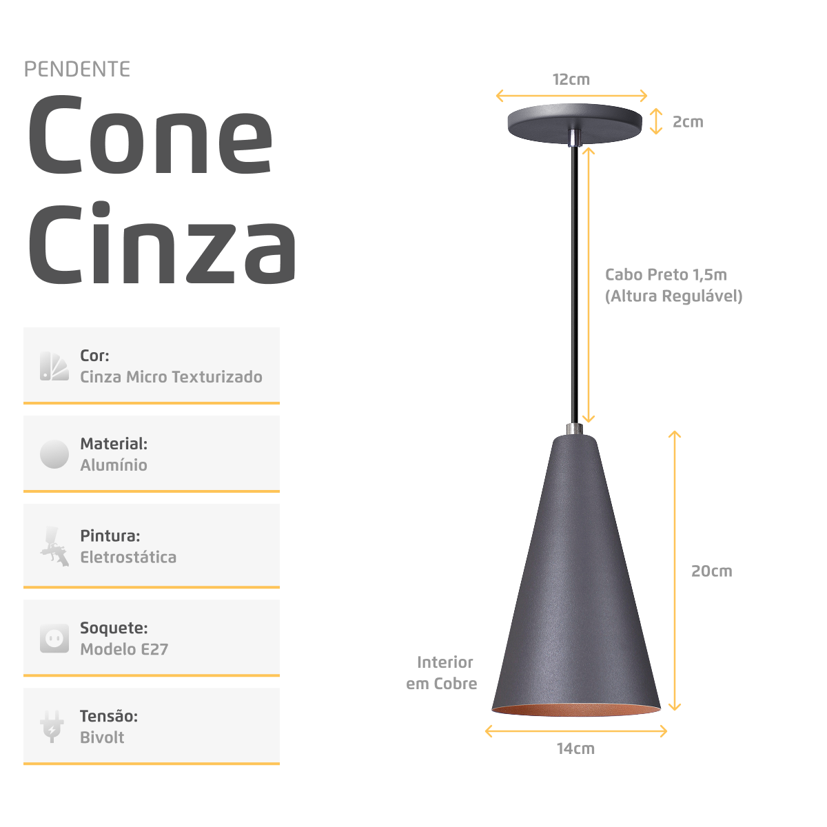 Pendente Lustre Luminária Cone Cinza