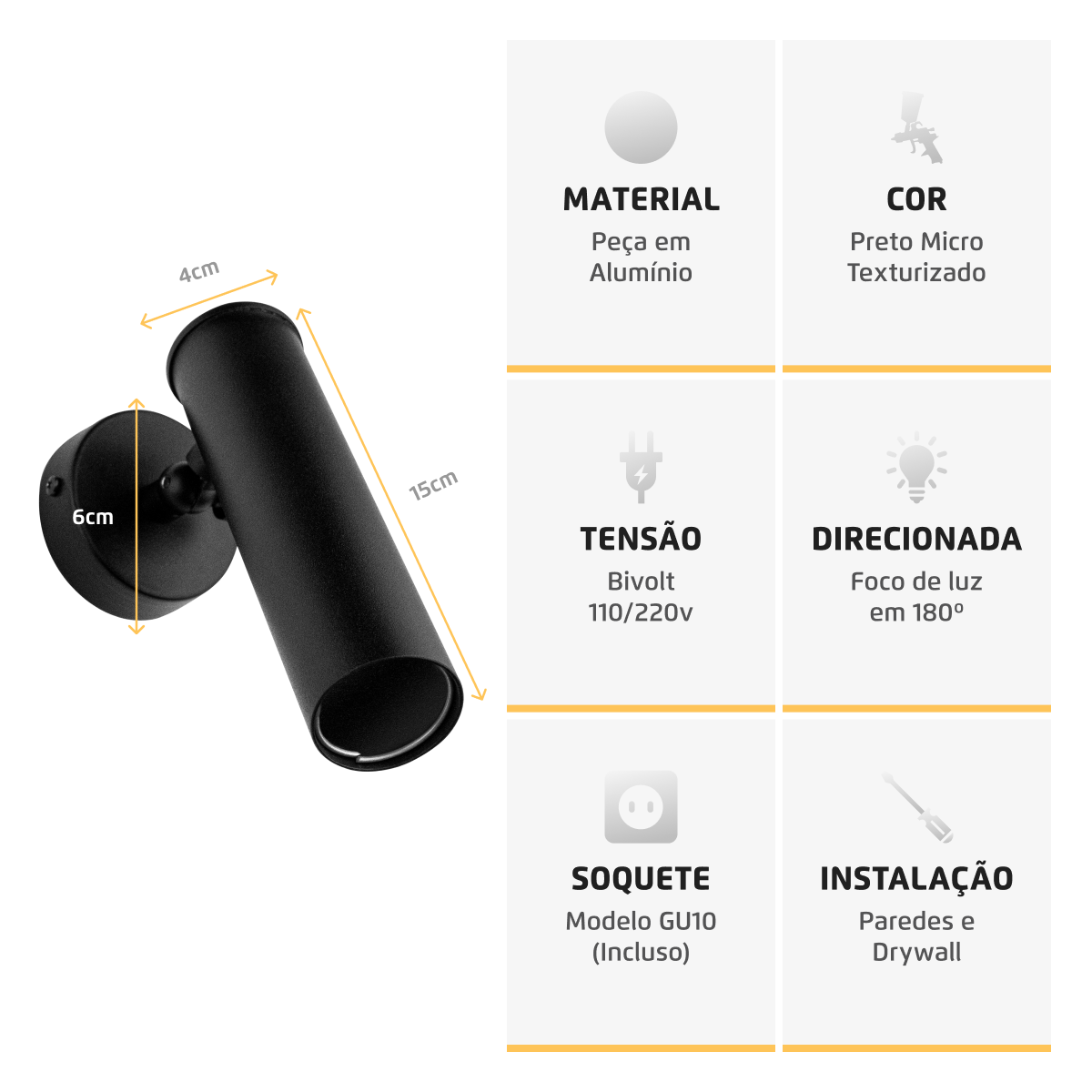 Arandela Spot Articulado Parede Head 15Cm Preto