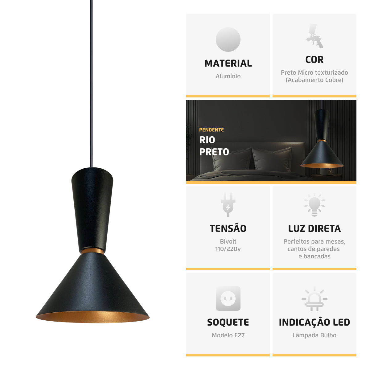 Pendente Lustre Luminária Cone Rio Preto