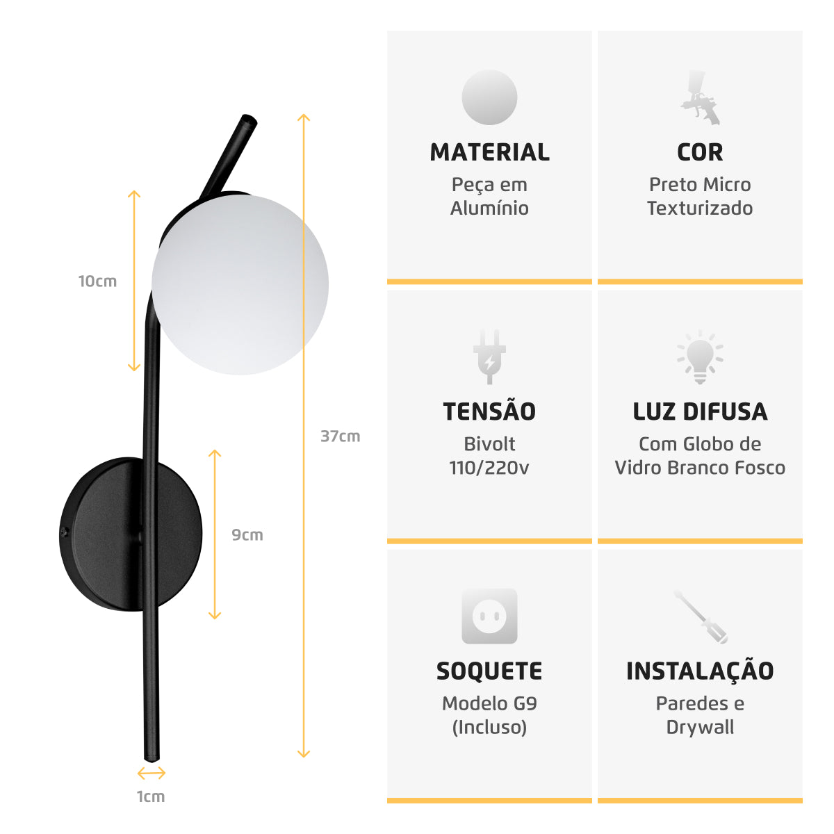 Arandela Parede Stick Light Preto Globo Leitoso 10Cm