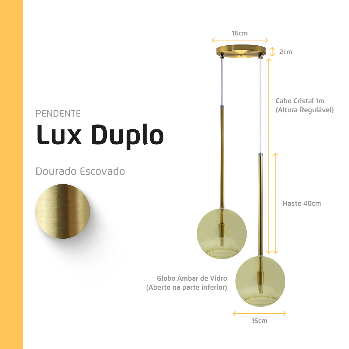 Pendente Lux Duplo Dourado Globo Vidro Âmbar + Led