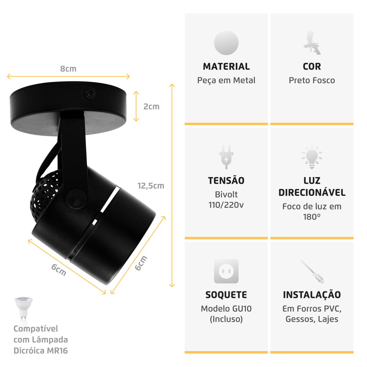 Spot Sobrepor MR16 GU10 Redondo Preto Direcionável