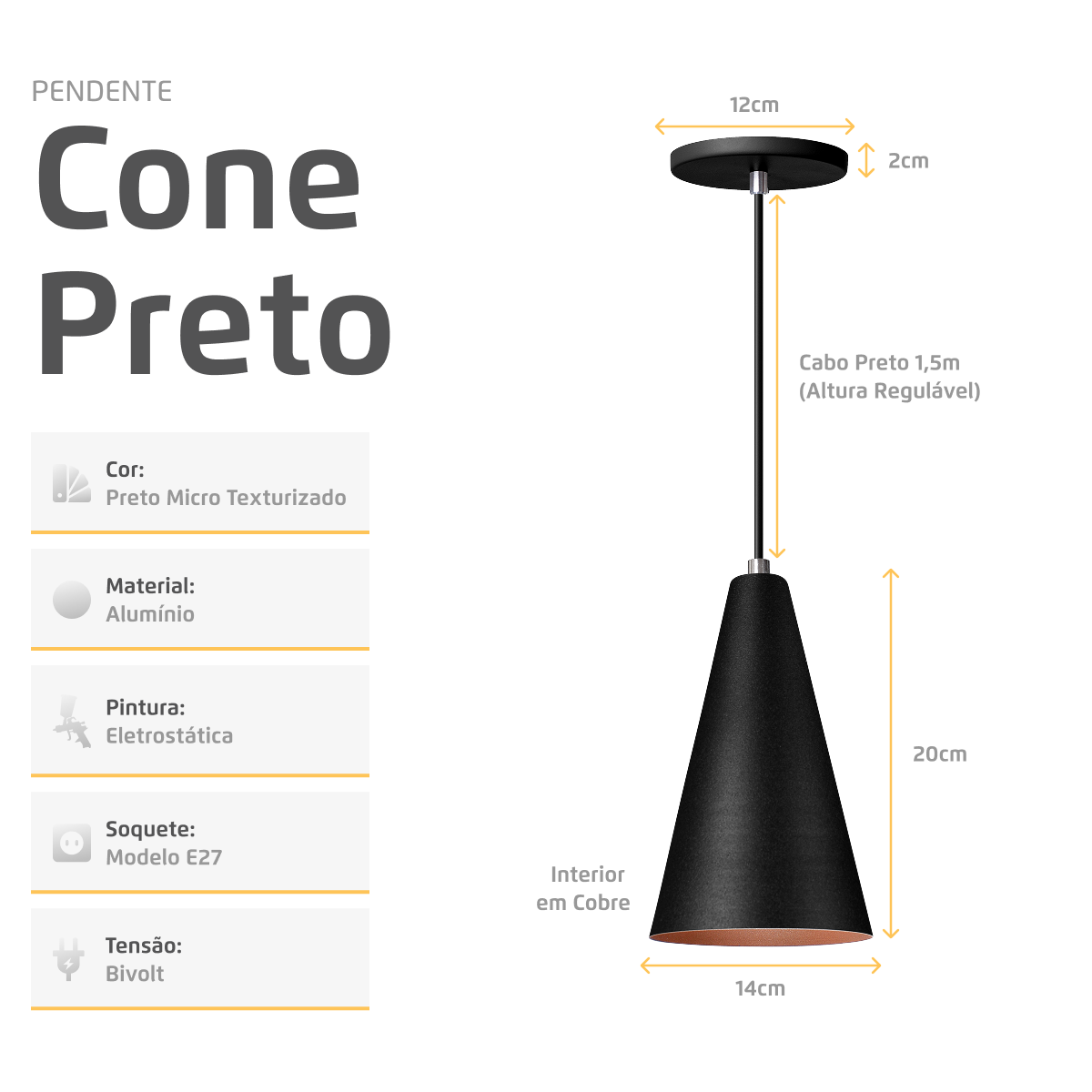 Pendente Lustre Luminária Cone Preto