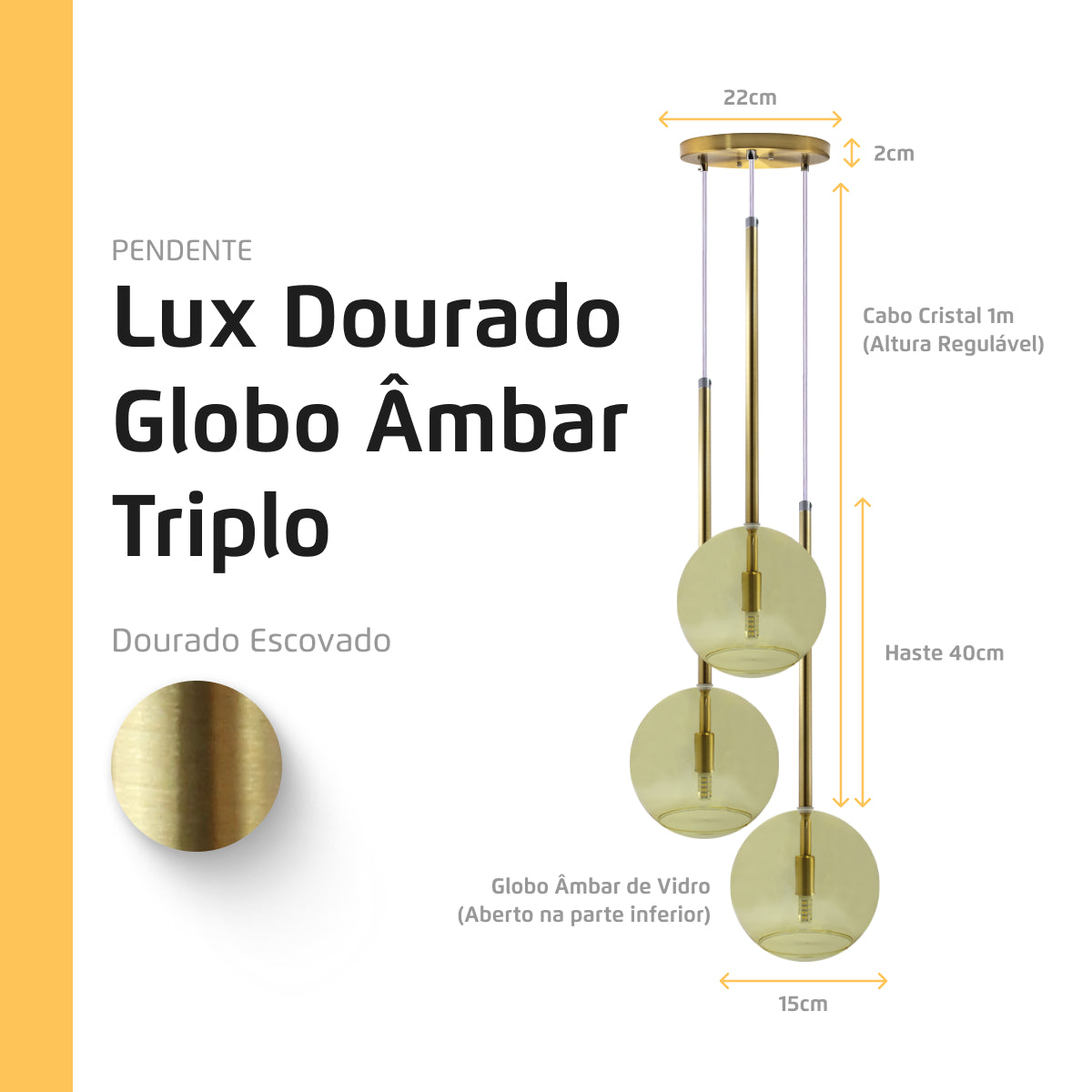 Pendente Lux Triplo Dourado Globo Vidro Âmbar + Led
