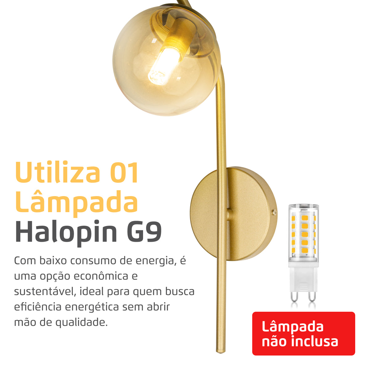 Arandela Parede Stick Light Dourado Globo Âmbar 10Cm