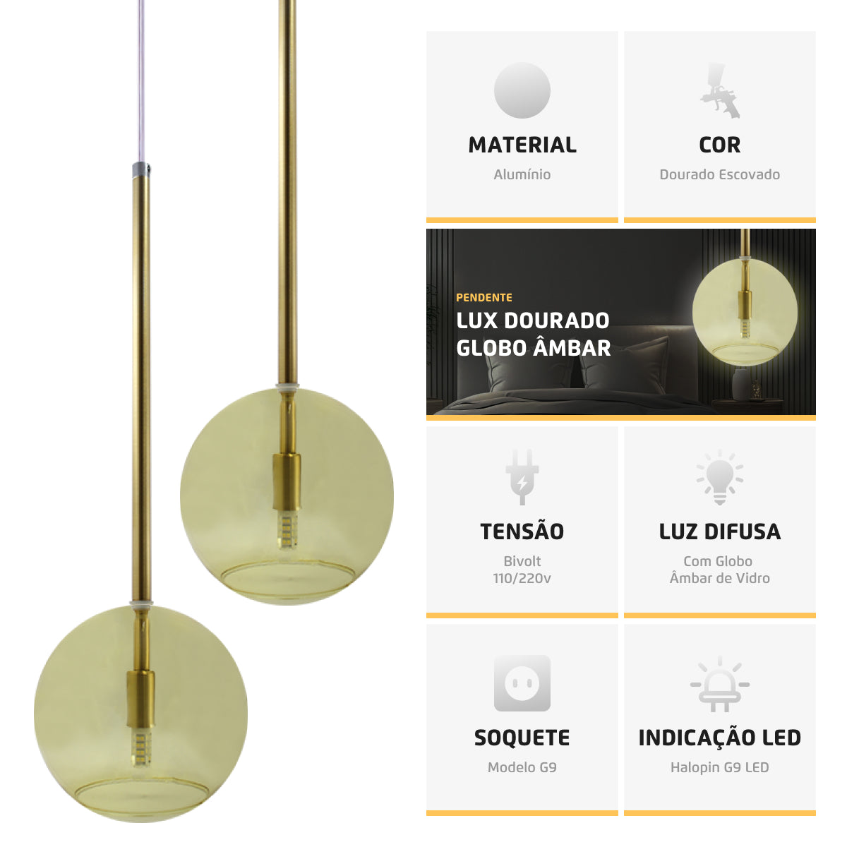Pendente Lux Triplo Dourado Globo Vidro Âmbar + Led