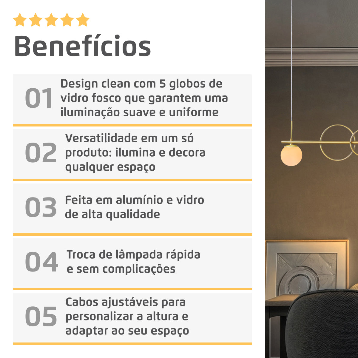 Luminária Pendente Orion Lumit Dourado 5 Globos Leitosos 12Cm