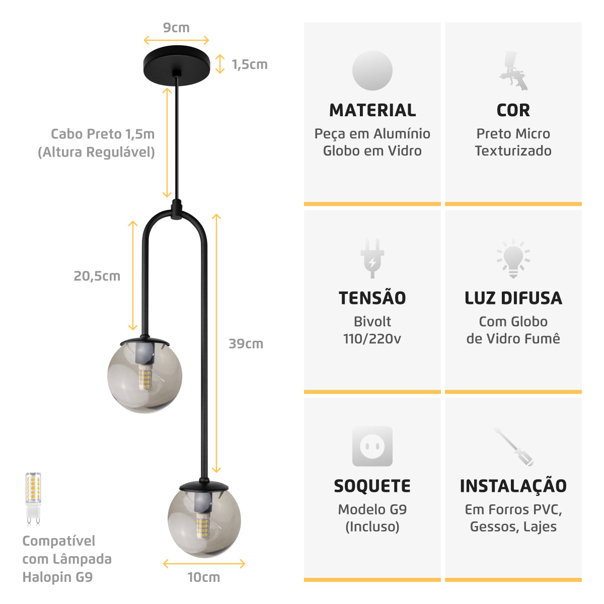 Luminária Pendente Canne Light Preto 2 Globos Fumê 10Cm
