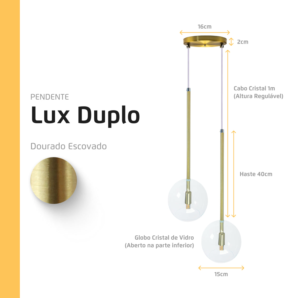 Pendente Lux Duplo Dourado Globo Vidro Cristal + Led