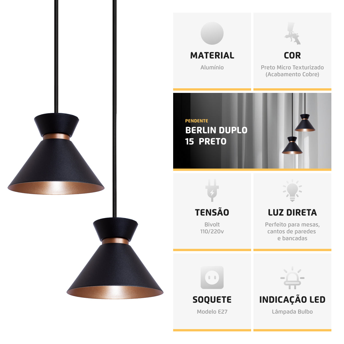 Pendente Lustre Luminária Berlin 15cm Preto Duplo