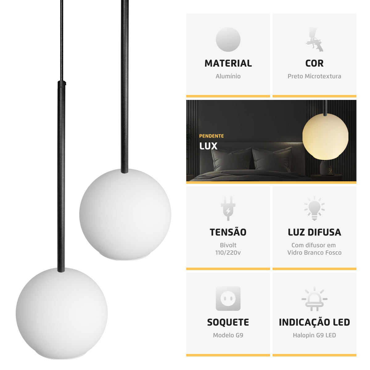 Pendente Lux Preto Globo Vidro Branco + Led