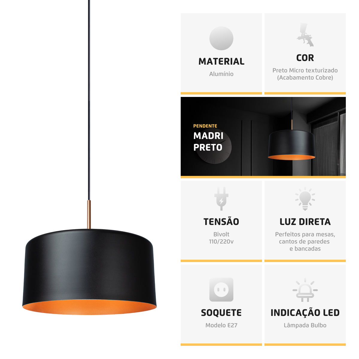 Pendente Lustre Luminária Madri Preto