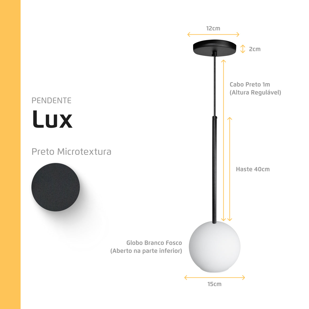 Pendente Lux Preto Globo Vidro Branco + Led