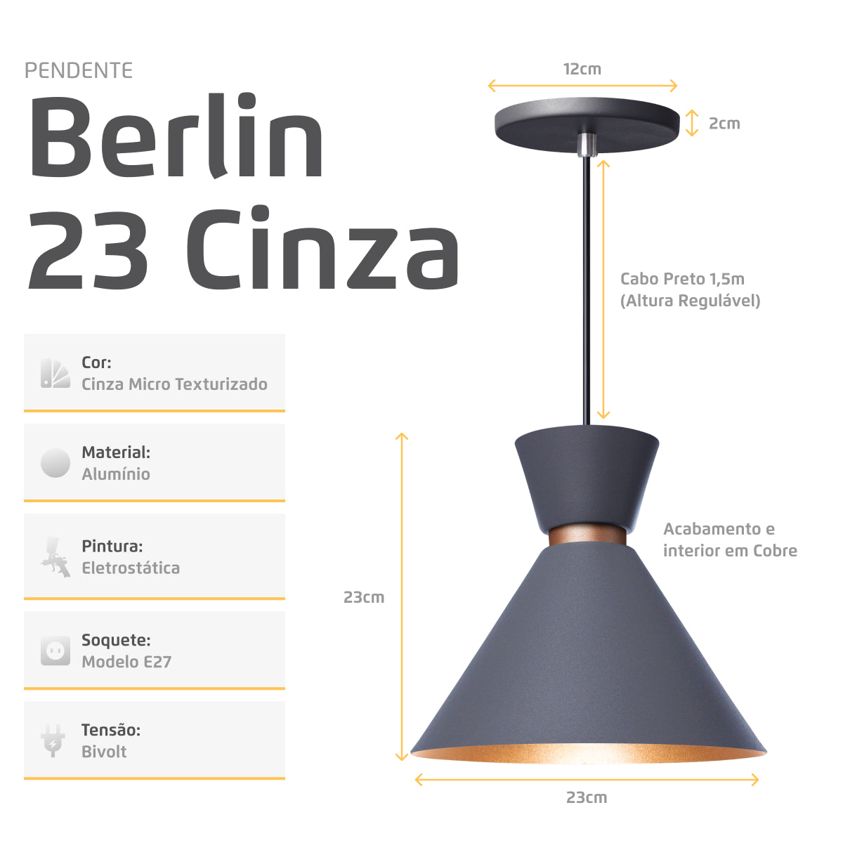 Pendente Lustre Luminária Berlin 23cm Cinza
