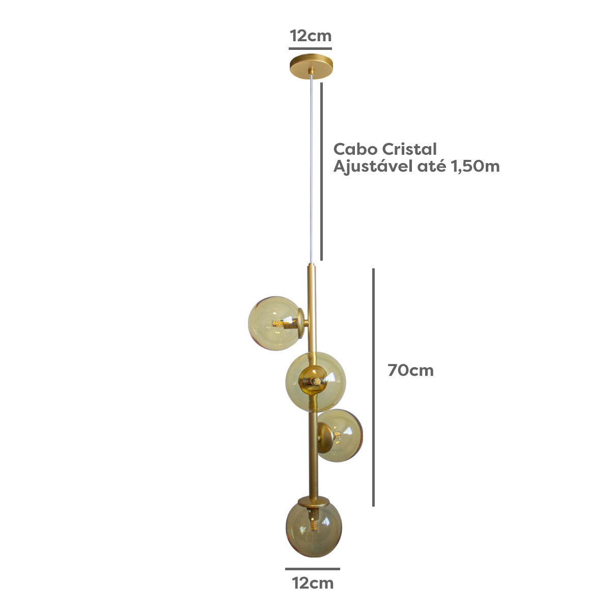 Luminária Pendente Galha Dourado 4 Globos Vidro Âmbar 12Cm