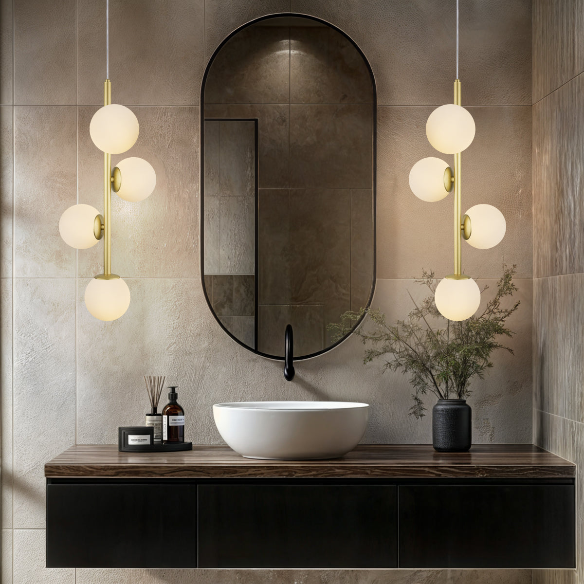 Luminária Pendente Galha Dourado 4 Globos Vidro Leitoso 12Cm