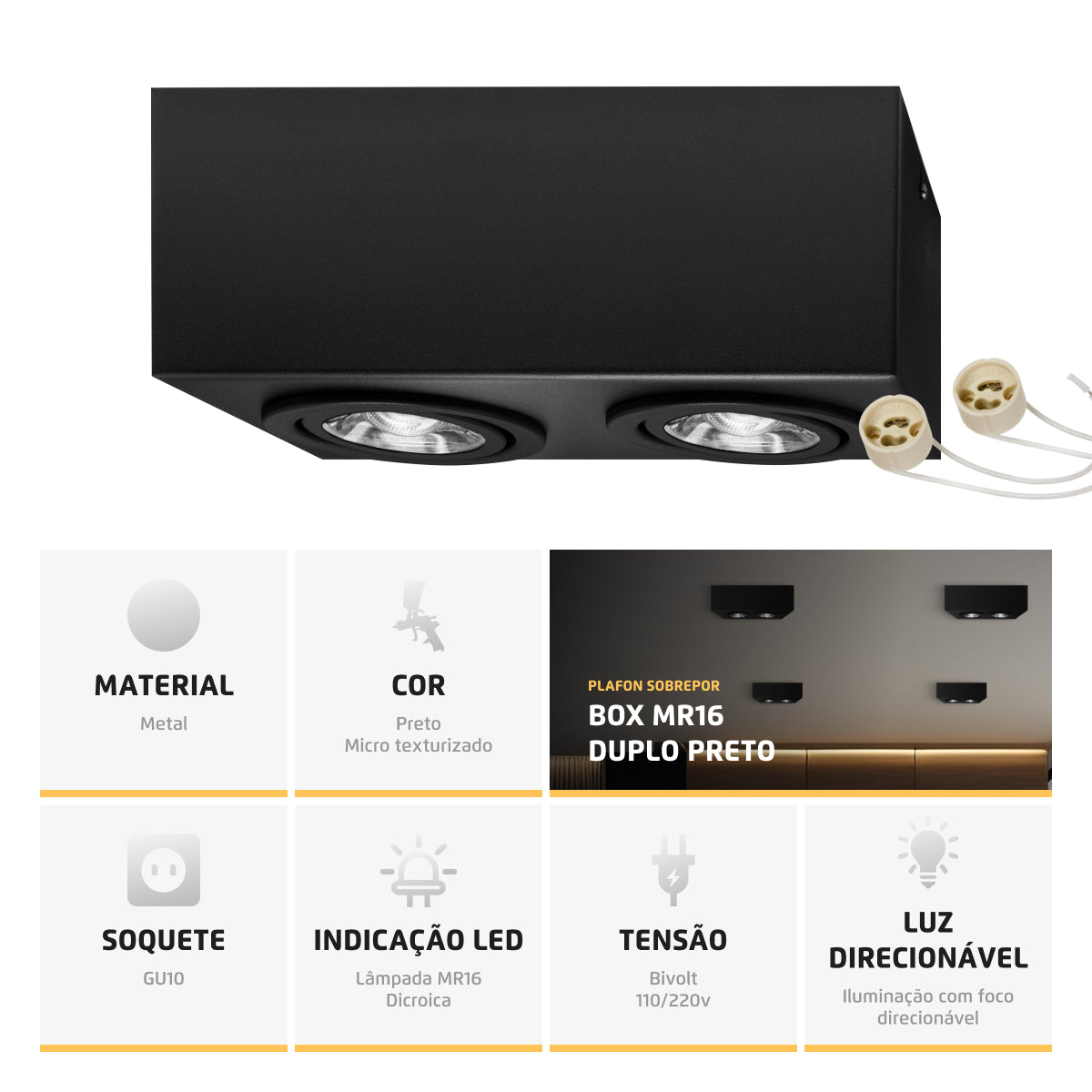 Spot Plafon Sobrepor Box Mr16 Duplo Direcionável