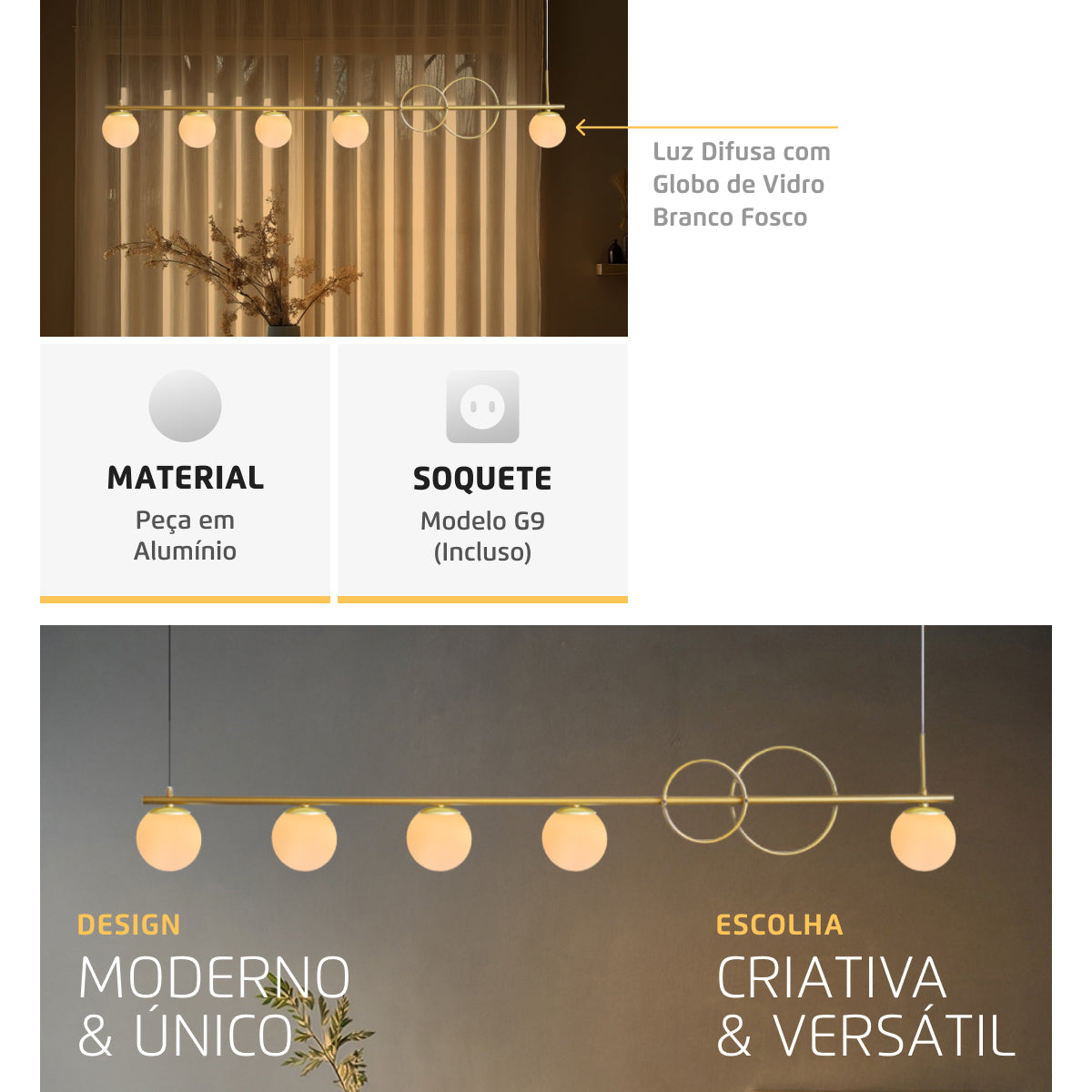 Luminária Pendente Orion Lumit Dourado 5 Globos Leitosos 12Cm