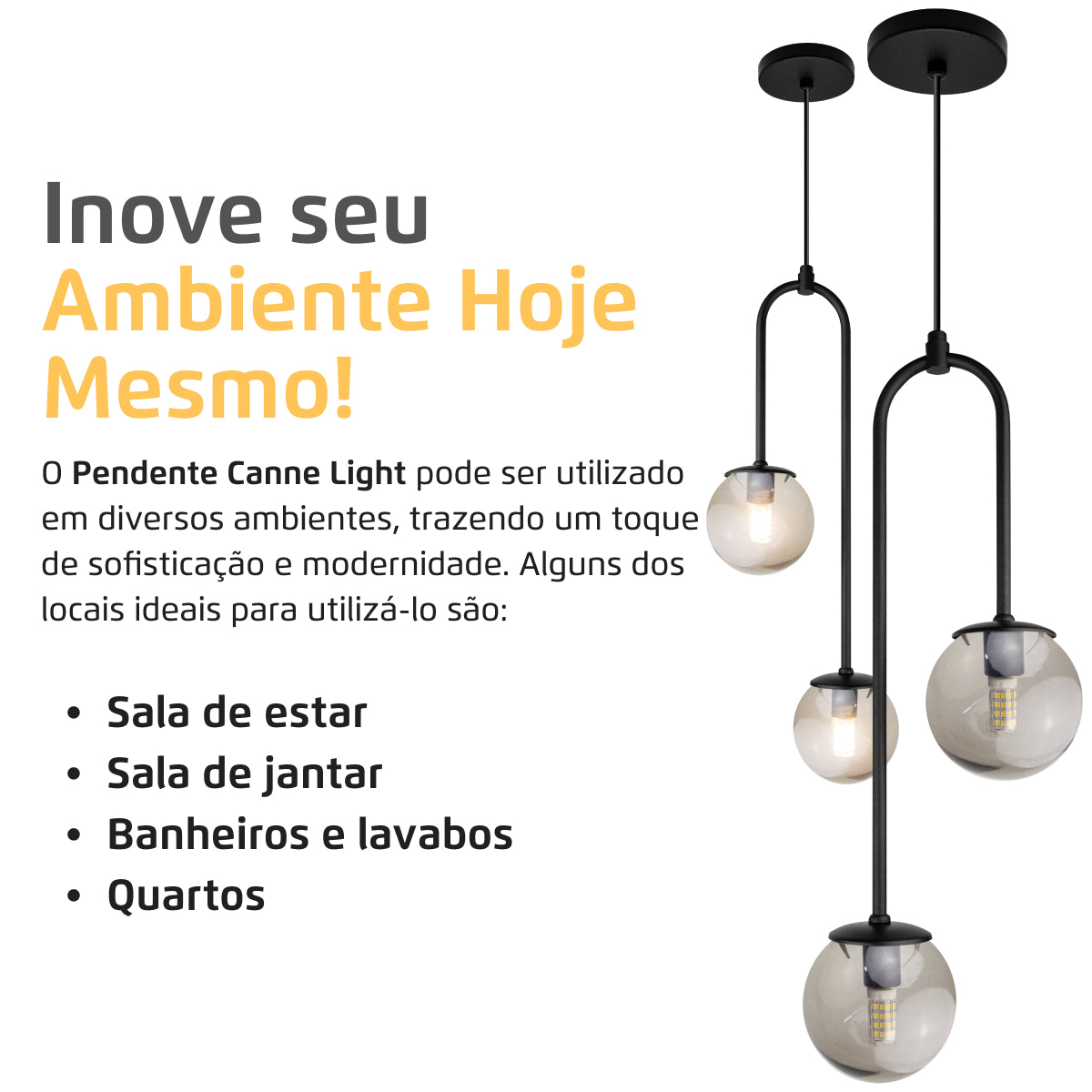 Luminária Pendente Canne Light Preto 2 Globos Fumê 10Cm