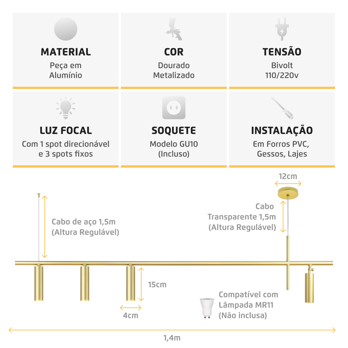 Luminária Pendente Turn By Retangular 4 Spots Dourado
