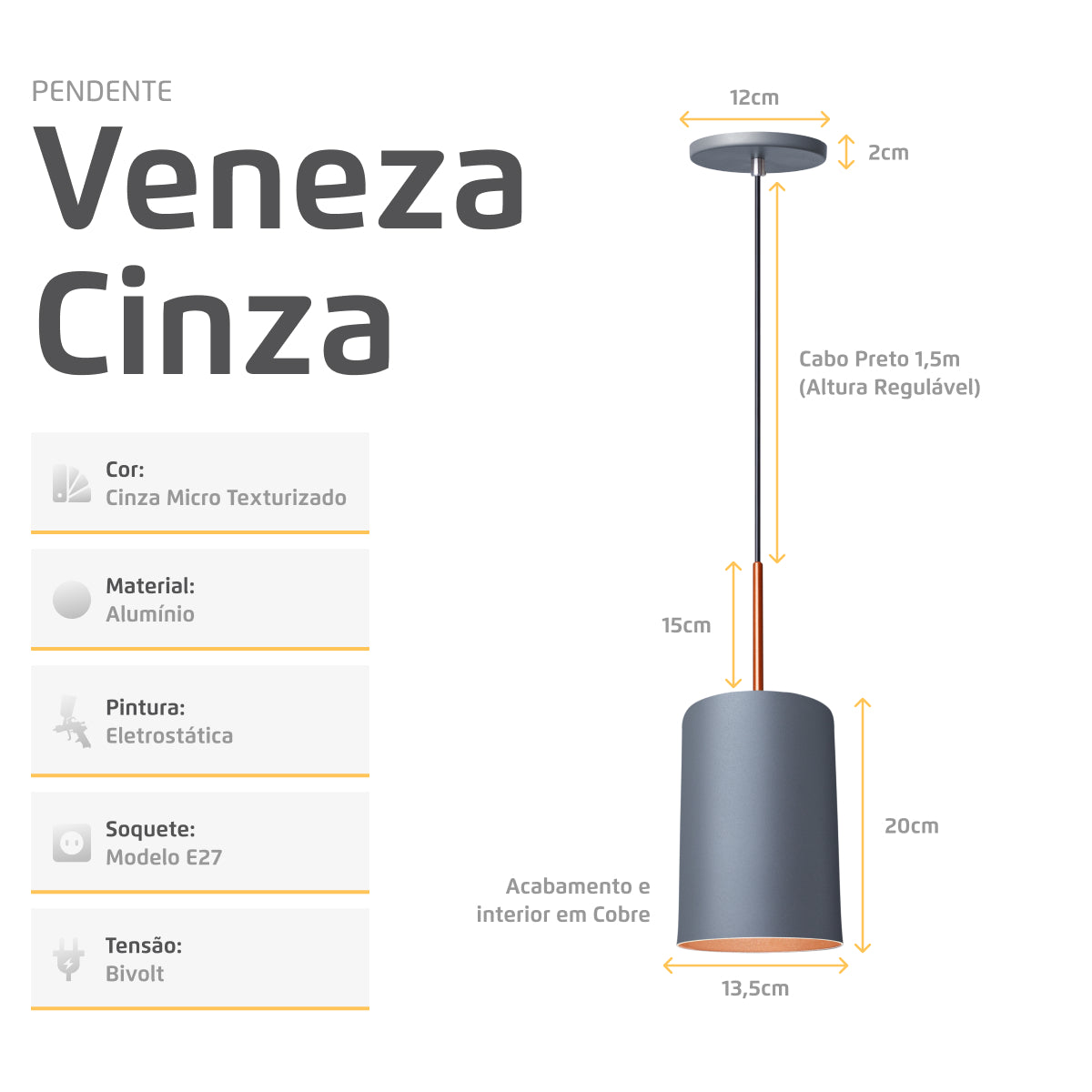 Pendente Lustre Luminária Veneza Cinza