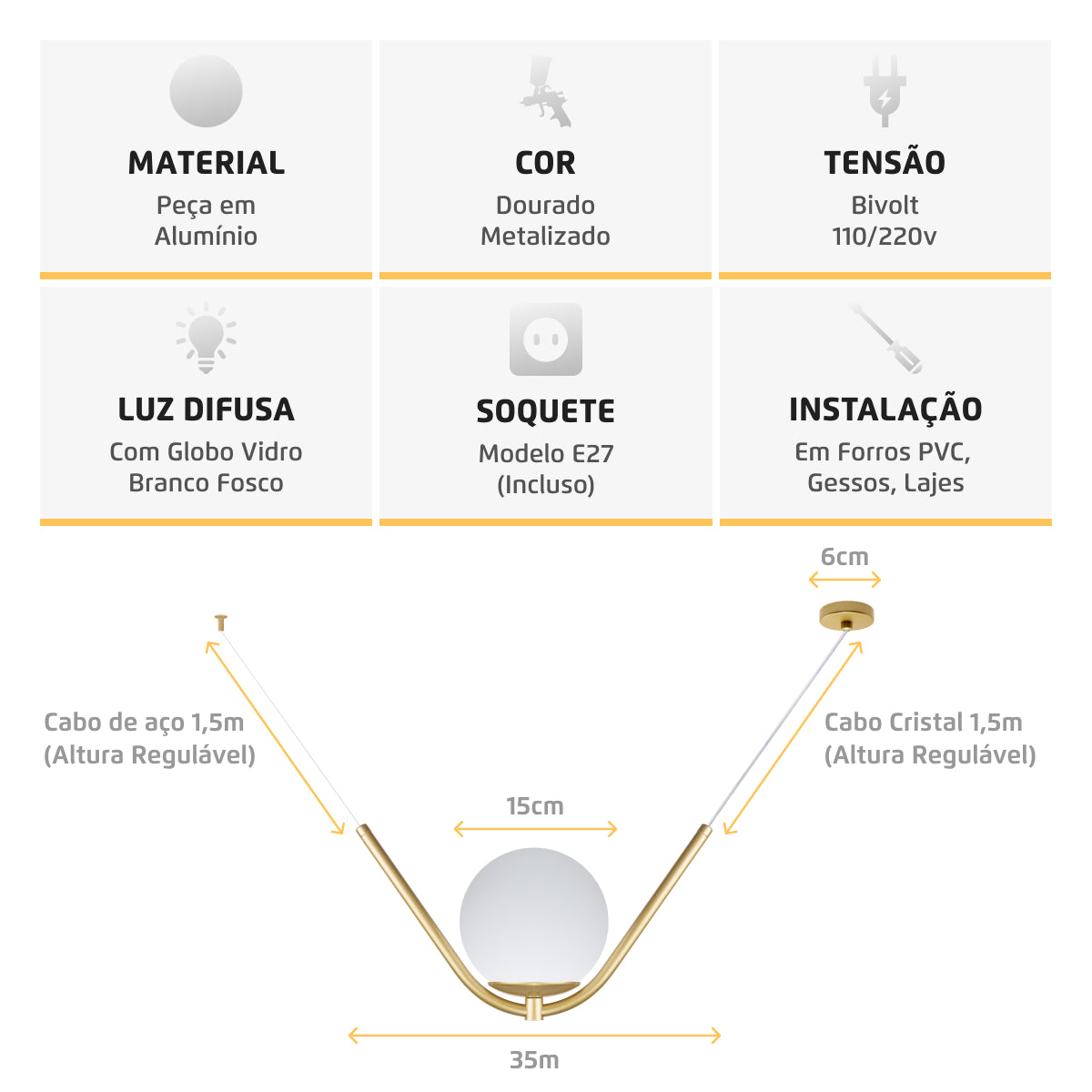 Luminária Pendente Balance Dourado Globo Vidro Leitoso 15Cm