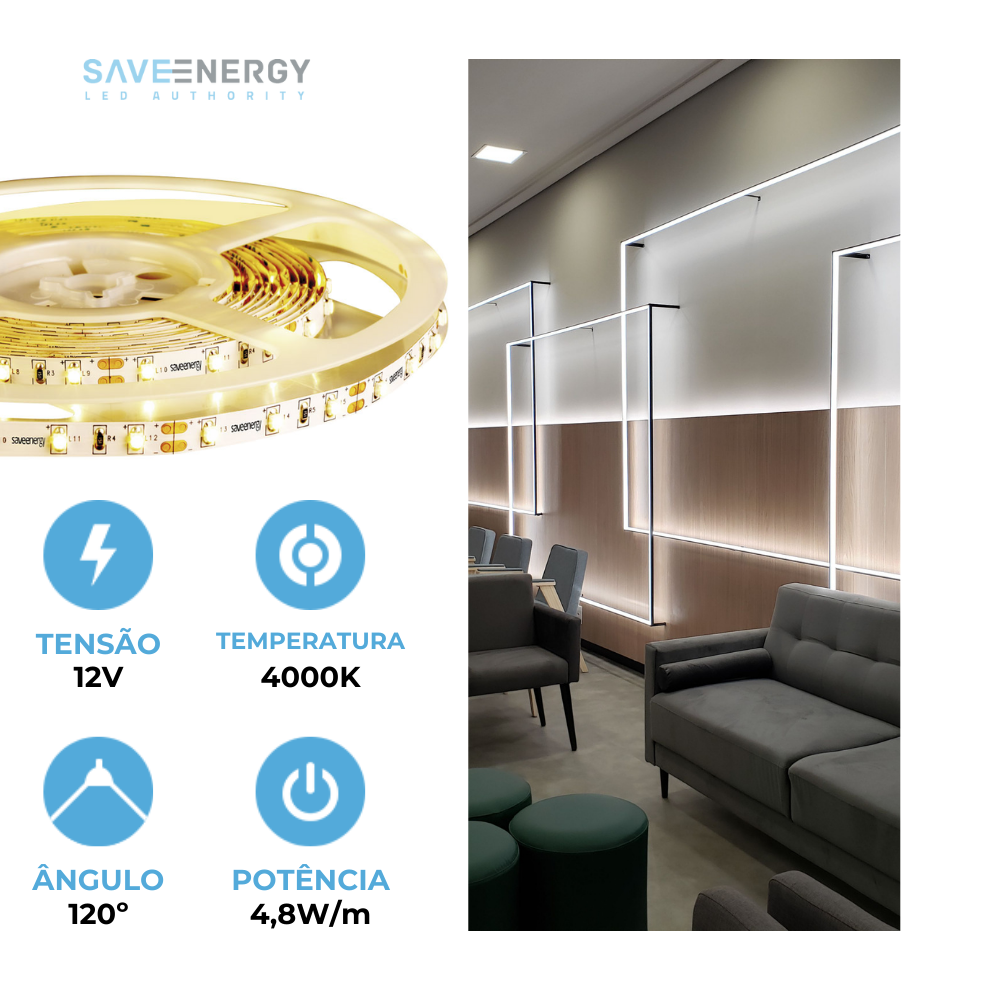 Fita Led Profissional Save Energy 12v 4,8w/m Ip20 5m 4000k Branco Neutro